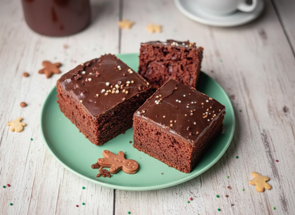KI generiert: Drei Schoko-Kuchenstücke auf einem Teller, dekoriert mit kleinen Streuseln, umgeben von Mini-Plätzchen.
