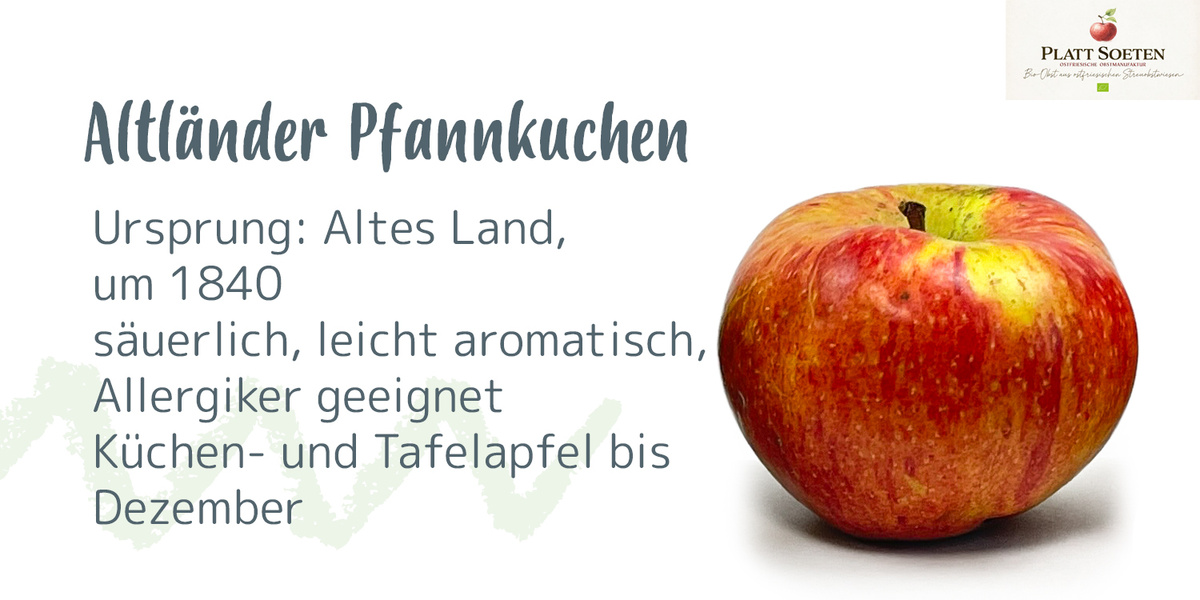 Ein Apfel mit Text: „Altländer Pfannkuchen, Ursprung: Altes Land, um 1840, säuerlich, leicht aromatisch, Allergiker geeignet."