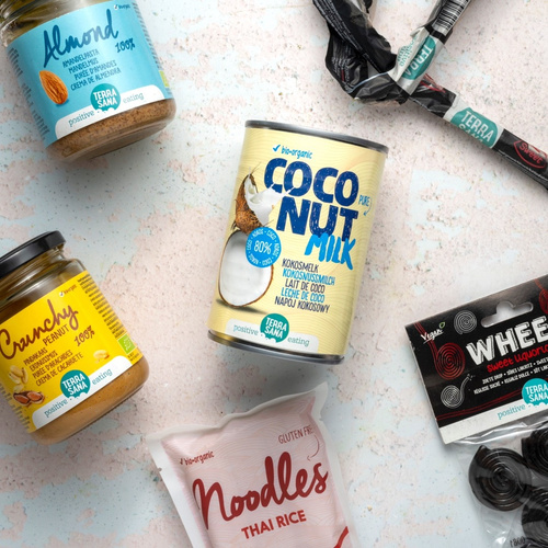 TerraSana almond paste, peanut butter, coconut milk, licorice snake, wheel, Thai rice noodles