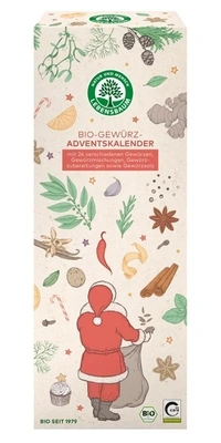 KI generiert: Ein Bio-Gewürz-Adventskalender mit weihnachtlichen Illustrationen und einem Weihnachtsmann.