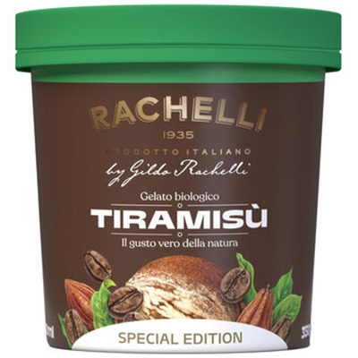 KI generiert: Eisbecher mit der Aufschrift: "RACHELLI TIRAMISÙ Gelato biologico Il gusto vero della natura SPECIAL EDITION".