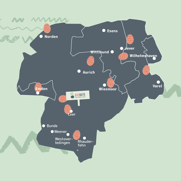 KI generiert: Karte von Ostfriesland mit markierten Orten, Text: "BIOBOTE Ostfriesland".