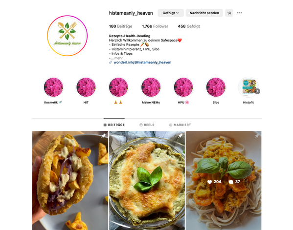 KI generiert: Instagram-Seite "histameanly_heaven" mit Essensbildern und Infos zu Rezepten und Gesundheitstipps.