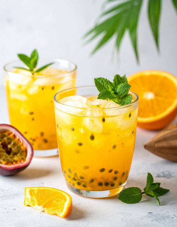 KI generiert: Zwei Gläser mit erfrischendem Saft, Eis und Minze, umgeben von Orangen- und Passionsfruchtstücken.