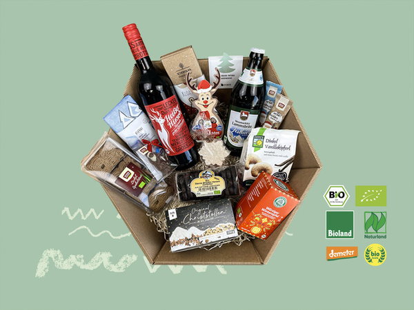 KI generiert: Ein Geschenkkorb mit diversen Bio-Lebensmitteln, darunter Wein. Enthält Text: "Original Christstollen".