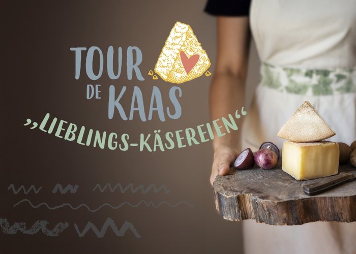KI generiert: Person hält Käsebrett mit Käse und Trauben. Text: "Tour de Kaas - Lieblings-Käsereien".