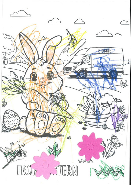 KI generiert: Ein Osterhase mit Karotte, ein Biobote-Lieferwagen und Ostereier. Text: "Frohe Ostern".