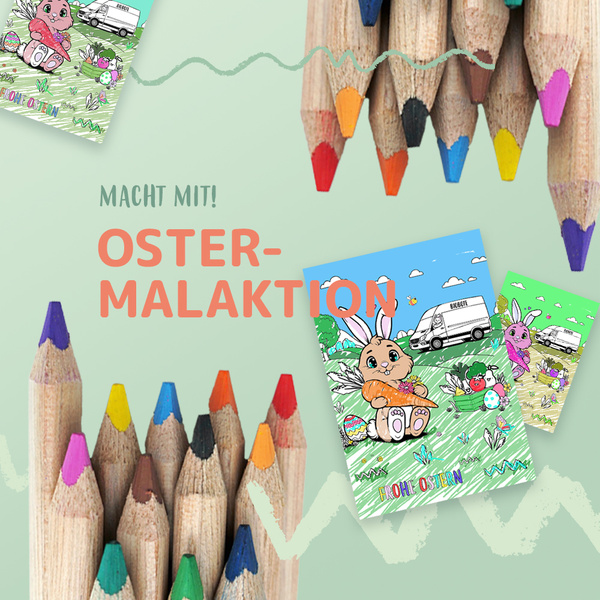 KI generiert: Buntstifte und Osterkarten mit einem Hasen. Text: "MACHT MIT! OSTER-MALAKTION".