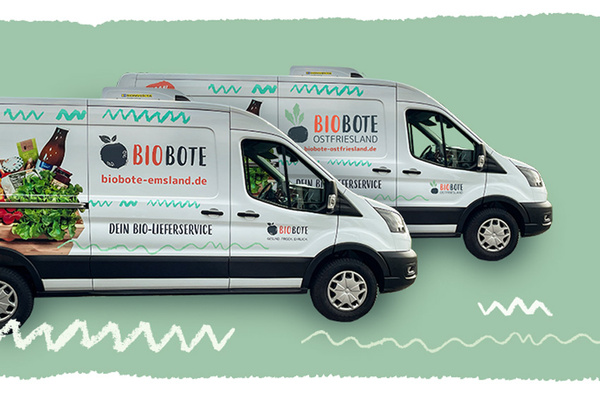 KI generiert: Zwei Lieferwagen mit "BIObote" Branding. Text: "biobote-emsland.de", "DEIN BIO-LIEFERSERVICE".