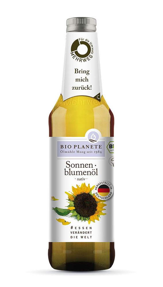 KI generiert: Sonnenblumenölflasche von BIO PLANÈTE mit Text: "Bring mich zurück!" und "Essen verändert die Welt".