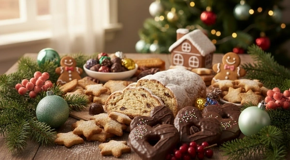 KI generiert: Weihnachtliche Kekse und Gebäck vor einem festlichen Hintergrund mit geschmücktem Weihnachtsbaum.