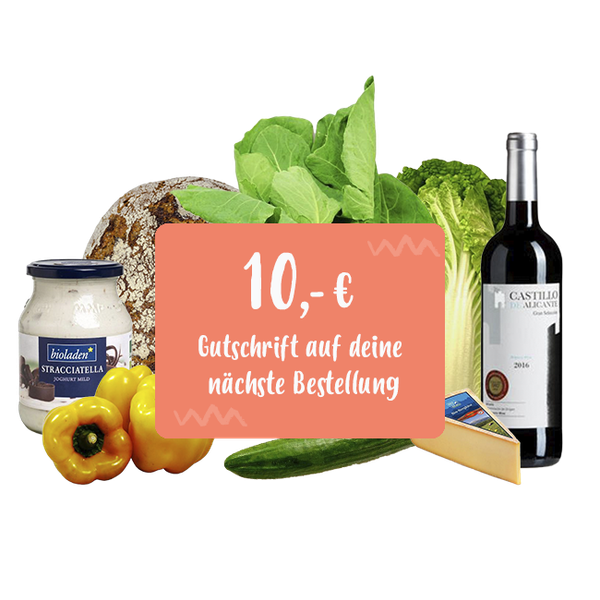KI generiert: Lebensmittel: Brot, Salat, Paprika, Wein, Käse, Joghurt mit 10 € Gutschein für nächste Bestellung.