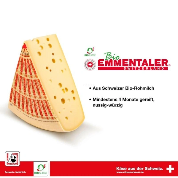 KI generiert: Ein Stück Bio-Emmentaler-Käse aus der Schweiz, aus Bio-Rohmilch, mindestens 4 Monate gereift.