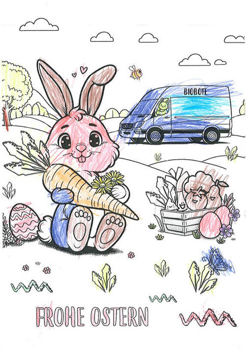 KI generiert: Ein Hase hält eine große Karotte, daneben steht "FROHE OSTERN".