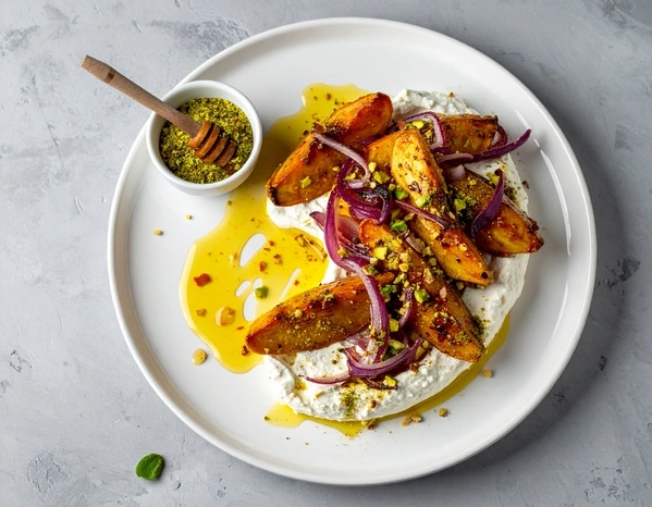 KI generiert: Ein Teller mit gerösteten Kartoffeln, Zwiebeln und Joghurt, daneben ein Schälchen mit Gewürzen und einem Holzlöffel.