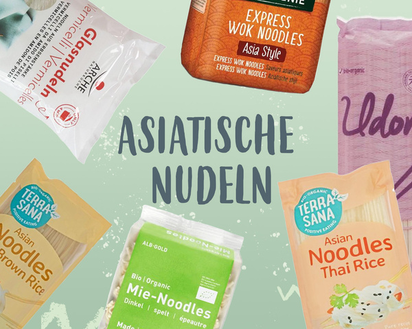 KI generiert: Verschiedene asiatische Nudelverpackungen mit dem Text "ASIATISCHE NUDELN" in der Mitte.