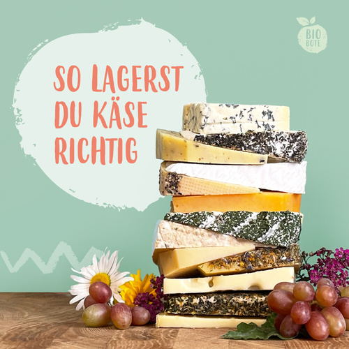 KI generiert: Ein Stapel Käse vor grünem Hintergrund. Text: "SO LAGERST DU KÄSE RICHTIG".