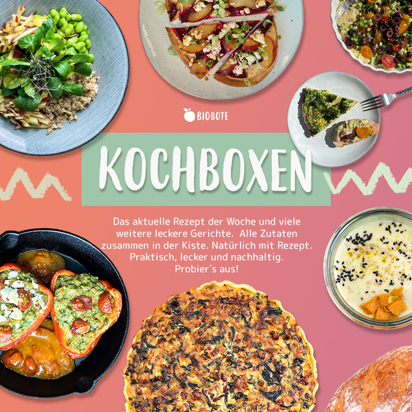 Kennst du schon unsere Kochboxen? Das aktuelle Rezept der Woche und viele weitere leckere Gerichte. Alle Zutaten zusammen in der Kiste. Natürlich Mit Rezept inkl. Schritt-für-Schritt Anleitung. Praktisch, lecker und nachhaltig. Probier´s aus!