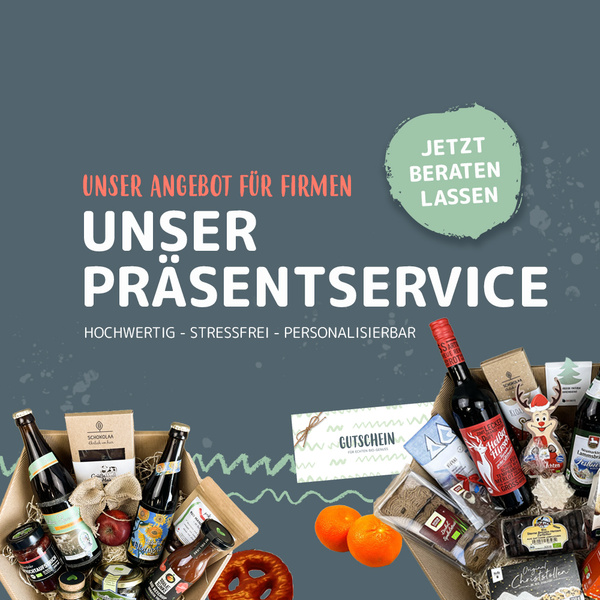 Werbung für Präsentservice mit Geschenkkörben, Flaschen und Lebensmitteln. Texte: „Unser Präsentservice“, „Jetzt beraten lassen“.