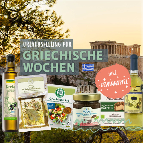 KI generiert: Griechische Lebensmittel vor Akropolis. Text: "Urlaubsfeeling pur - Griechische Wochen - inkl. Gewinnspiel".