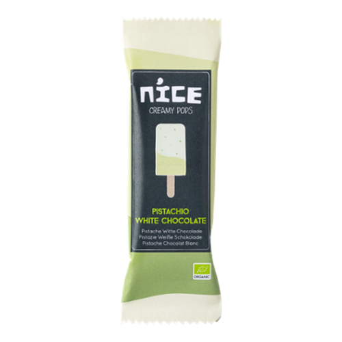 KI generiert: Eisverpackung von "Nice Creamy Pops" in Pistazie und weißer Schokolade. Text: "Pistachio White Chocolate".