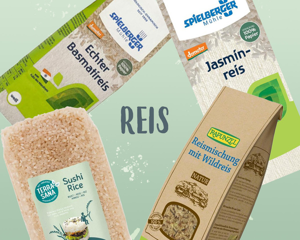 KI generiert: Verschiedene Reispakete; Hauptinhalt: "REIS". Enthaltene Texte: Spielberger Mühle, Echter Basmati, Jasminreis, Reismischung.