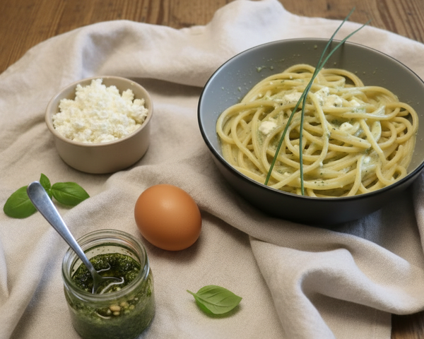 KI generiert: Teller mit Pasta, Pesto, Ei, Frischkäse und Basilikumblättern.