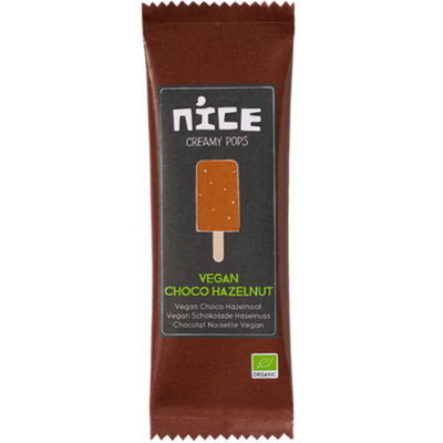 KI generiert: Verpackung eines veganen Schokohaselnuss-Eis. Text: "NICE CREAMY POPS VEGAN CHOCO HAZELNUT."