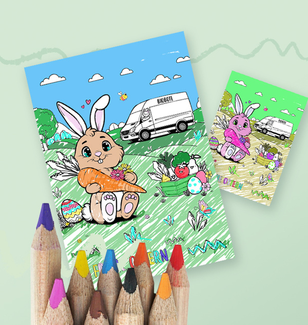 KI generiert: Ein Hase mit Karotte vor einem Lieferwagen und Gemüse. Text: "Frohe Ostern".