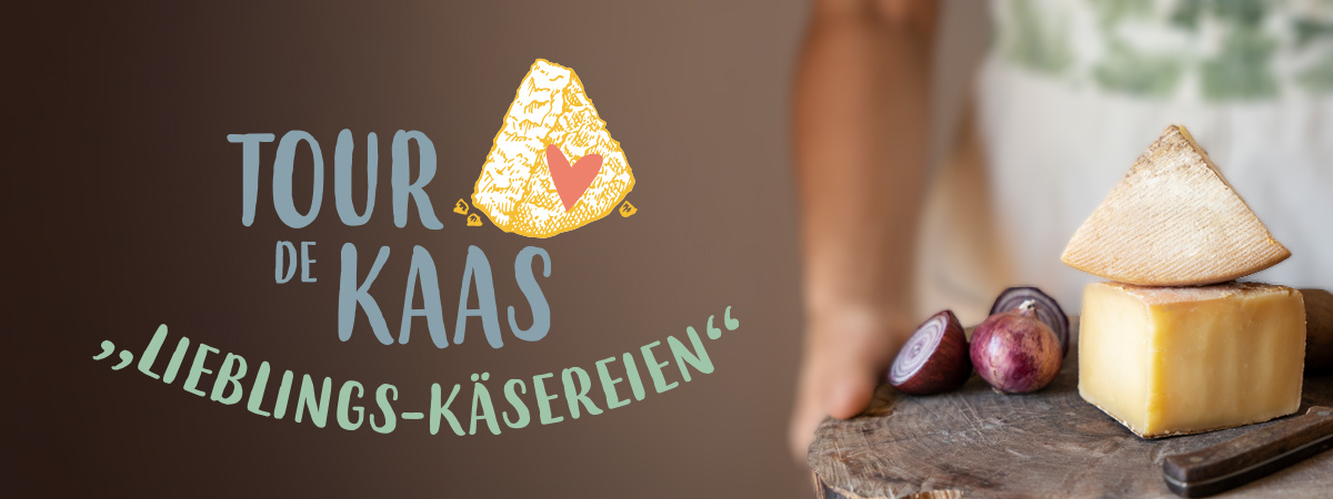 KI generiert: Käse auf Holzbrett, Text: "Tour de Kaas - Lieblings-Käsereien".