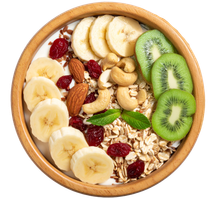 KI generiert: Eine bunte Müslischale mit Obst, Nüssen und Haferflocken.